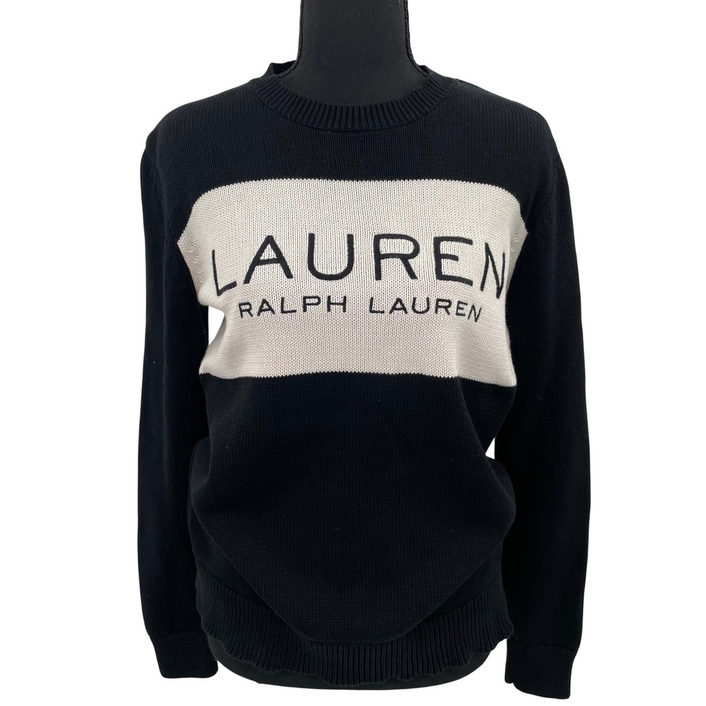 Lauren Ralph Lauren Womens Black White Logo Intarsia Cotton Knit‎ Sweater SP
